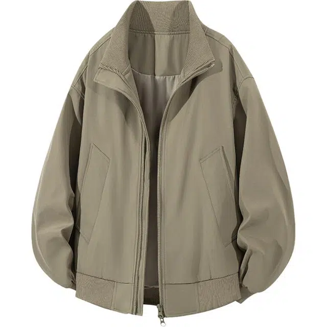 八哥 美式高街基础款经典复古纯色时尚潮流舒适设计感宽松百搭通勤日常简约工装飞行员翻领长袖外套夹克 男女同款