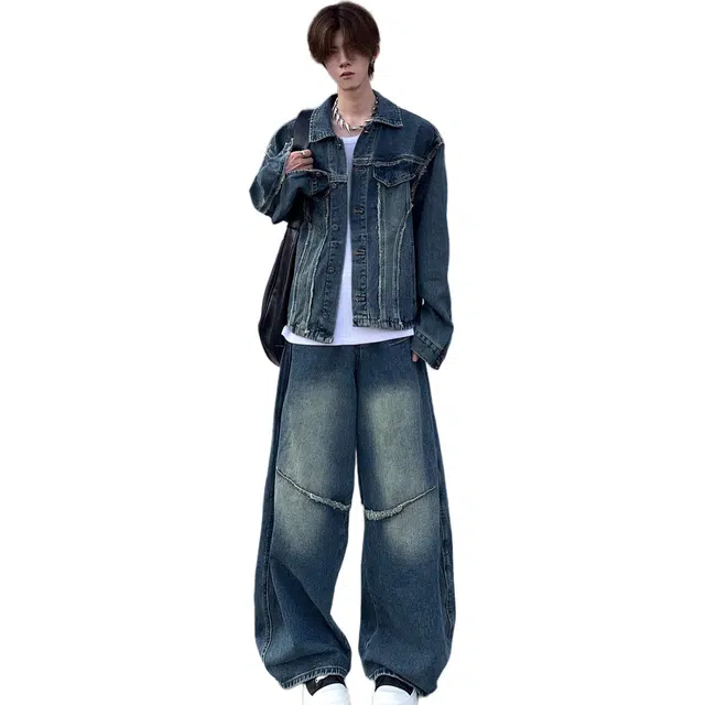 虫小绿 美式复古水洗做旧牛仔外套长裤两件套春秋款潮流小众设计拼接高级感宽松休闲运动套装 男女同款