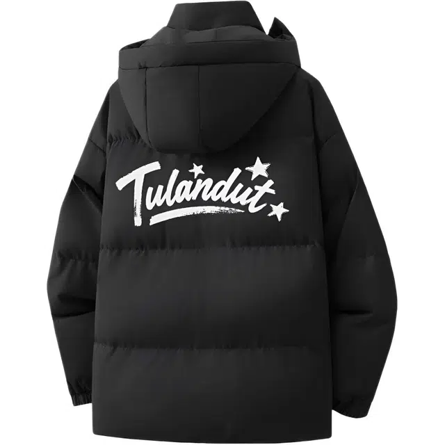 图兰朵 美式复古字母印花休闲运动宽松拼接假两件百搭舒适加厚保暖连帽外套棉服 男女同款