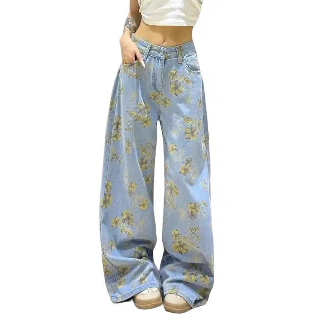 宝米卡 美式复古花卉设计感印花个性休闲直筒拖地裤牛仔裤 男女同款