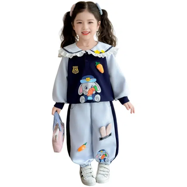 木清清休闲运动套装 可爱萌童女童柔软拼色娃娃领舒适亲肤两件套 中小童