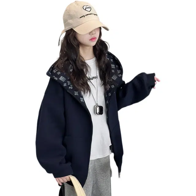 木清清上装 时尚潮酷中大童女童印花连帽舒适百搭加绒加厚外套 青少年