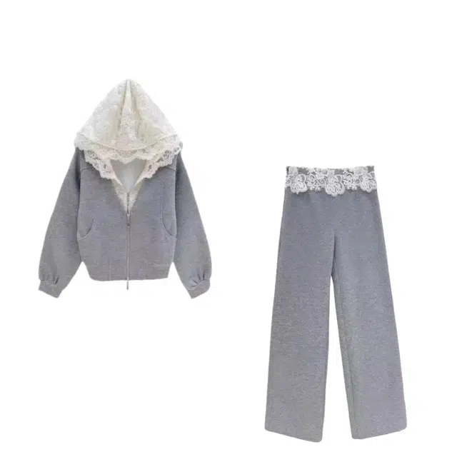 望莱仕 假两件拼接蕾丝连帽外套+裤子卫衣套装 女款