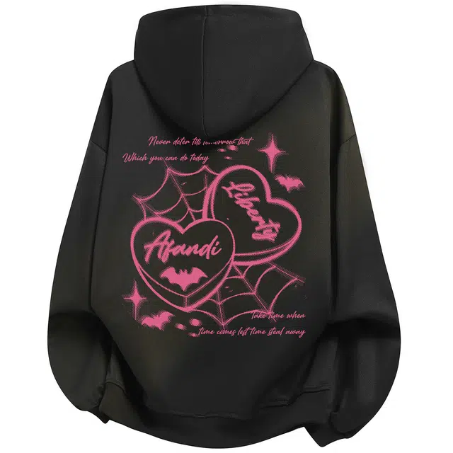 阿凡迪 【华棉】美式高街复古蜘蛛网爱心蝙蝠图案宽松落肩校园学院风无性别主义休闲街头百搭通勤舒适连帽卫衣 男女同款