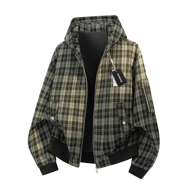 左岸 美式高街潮流百搭棉质格子拉链开衫带帽上衣加肥加大码宽松休闲舒适春秋季防风外套夹克 男款