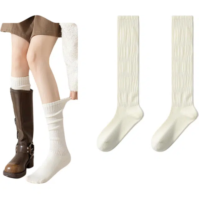 妮轻 羊毛秋冬小腿袜纯色简约高筒袜 女款