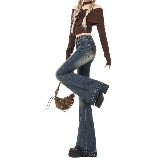 么宁 美式加绒加厚保暖水洗复古微喇叭马蹄裤高腰显高显瘦小个子显腿长修身潮流百搭甜酷风辣妹牛仔裤 女款