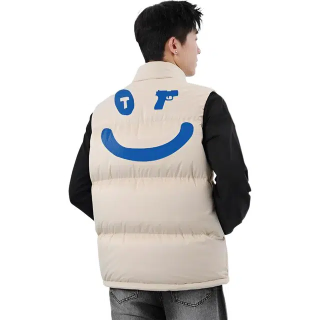 图兰朵 美式高街潮流复古笑脸字母印花休闲运动宽松百搭外穿舒适加厚保暖无袖坎肩立领外套棉马甲 男女同款