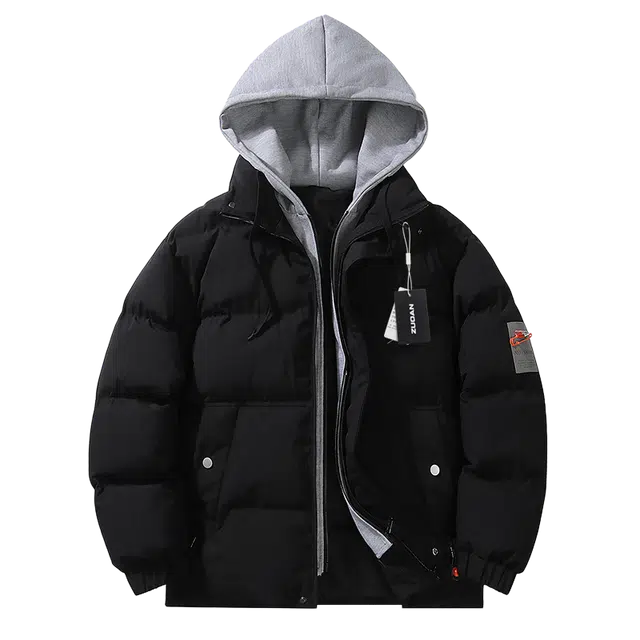 左岸 秋冬港风棉衣带帽假两件字母印花面包服保暖宽松设计感撞色拼接潮牌棉袄加厚外套棉服 男款