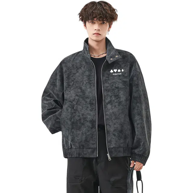 而度 复古美式立领质感绒面肌理前后精致印花工艺高街潮流百搭夹克外套皮衣 男女同款