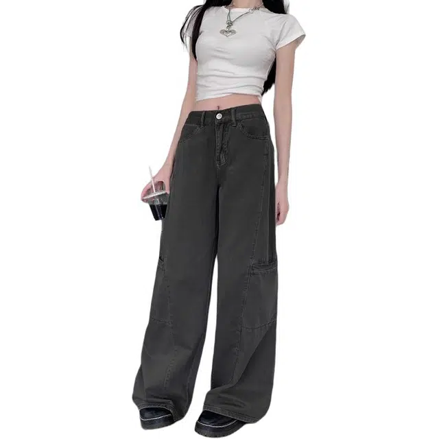 拓菲 美式复古水洗牛仔裤女秋季辣妹高腰宽松灰色直筒裤工装裤长裤休闲裤 男女同款