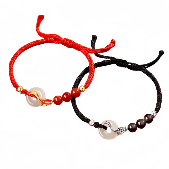 仙园韵 福运平安扣 招财纳福福牌吊坠财运滚滚新中式编绳潮流百搭手饰 黑曜石 手绳 男女同款情侣款