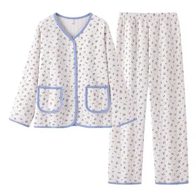 宫蝶 柔软长袖家居服满印宽松休闲开衫可外穿睡衣套装 女款