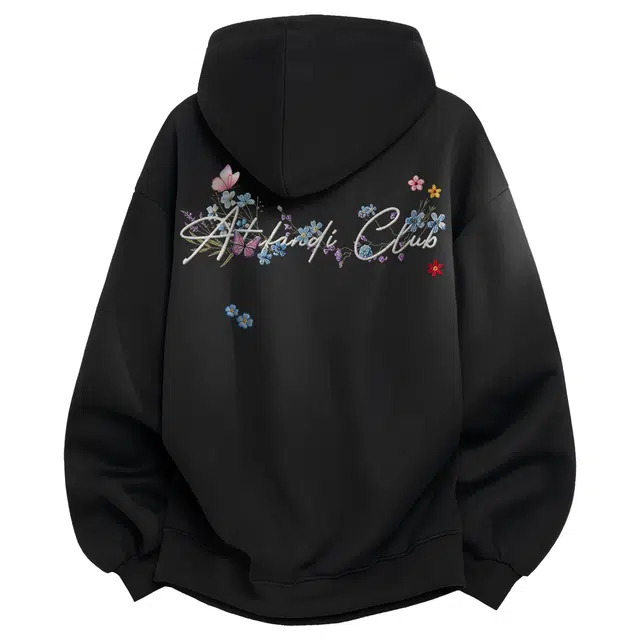 阿凡迪 仿刺绣工艺美式高街时尚创意手写花体字母花卉印花潮流宽松落肩长袖日常通勤简约经典撞色格纹百搭休闲连帽套头卫衣 男女同款