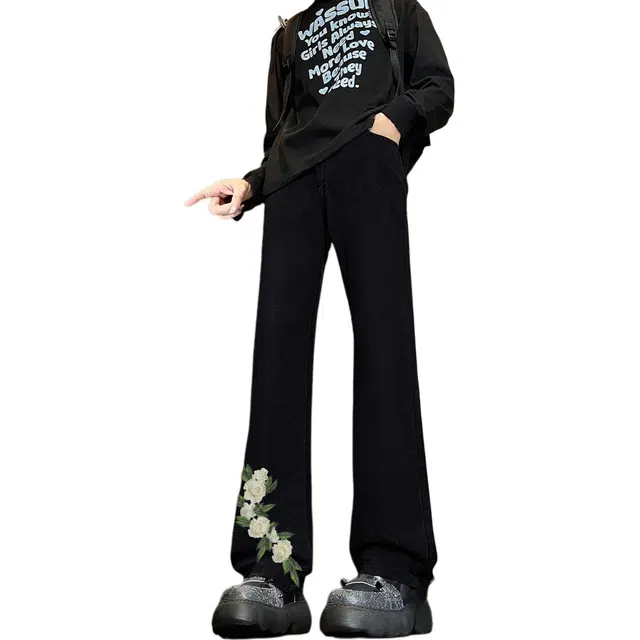 布客行 【万针立体刺绣浮雕系列】巴黎柳叶弯刀美式复古水洗高街亲肤透气直筒休闲百搭微喇花卉显高显瘦显腿长裤弹力阔腿牛仔裤 男女同款