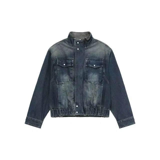 虫小绿 美式复古高级感设计款双层立领短款夹克上衣春秋款潮流痞帅宽松休闲百搭拼接牛仔外套 男女同款