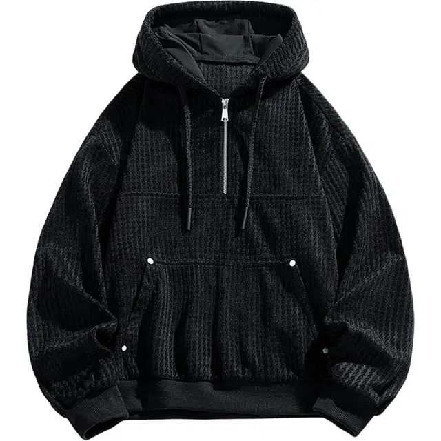 瑞梵帝斯 秋冬美式复古小香风圆领落肩小众设计学院风连帽慵懒潮流宽松半开衫休闲百搭高级感舒适亲肤时尚卫衣 男款