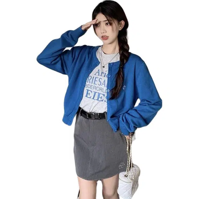 纤丝鸟 甜美小香风韩系短款设计感修身显瘦长袖百搭针织衫 女款