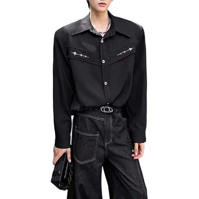 冈哉 美式垫肩小众金属解构衬衣高级感痞帅宽松显瘦廓形纽扣开衫春秋款长袖单排扣基础款潮搭垂感衬衫 男女同款