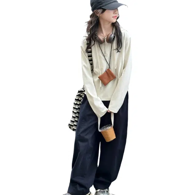 木清清休闲运动套装 学院风女童中大童甜美舒适字母刺绣半拉链卫衣长裤两件套 青少年