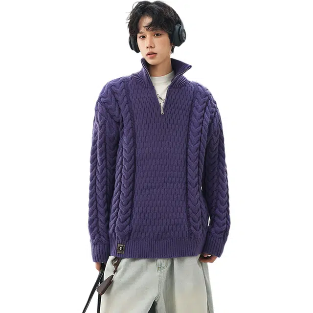 而度 复古麻花编织半拉链高领立体针织工艺宽松慵懒版型高街潮流质感上衣毛衣 男女同款