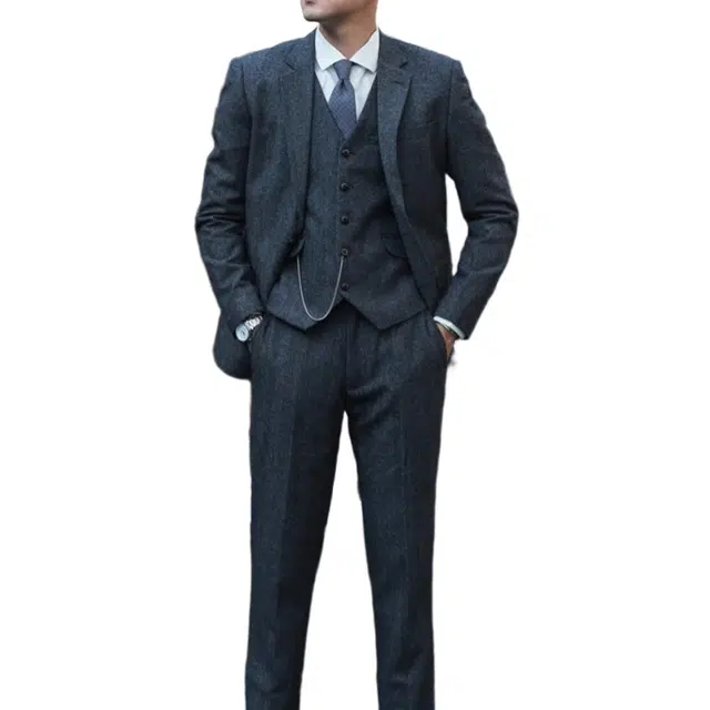 大格子与黑猫 复古英伦雅痞绅士 浴血黑帮风 羊毛粗花呢人字纹休闲修身外套 西装 男款