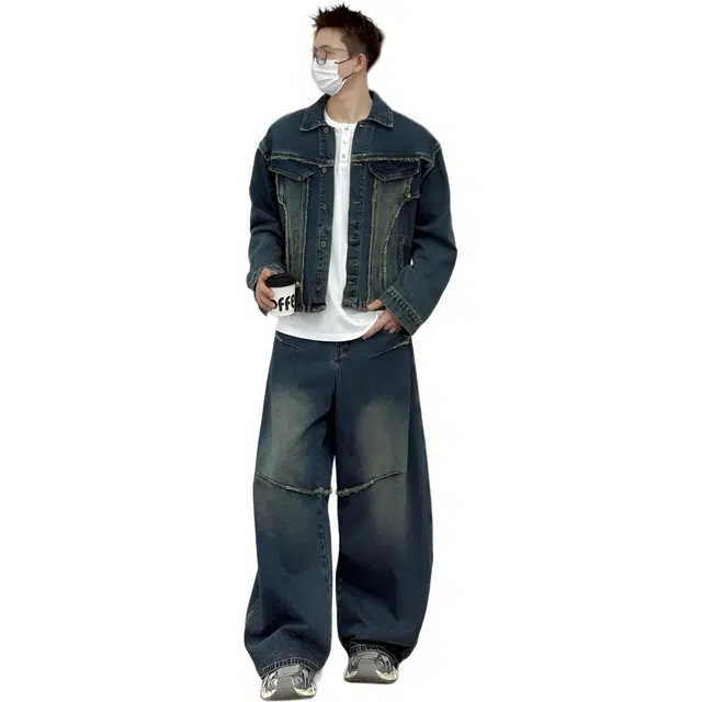 虫小绿 美式复古水洗做旧牛仔外套长裤春秋季潮流小众裁剪毛边设计拼接高级感宽松休闲运动套装 男女同款