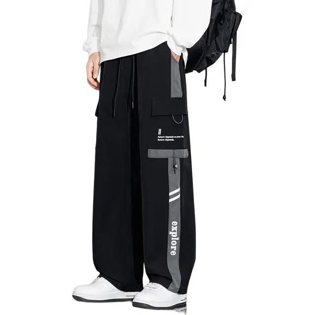 协协乐 高街风机能战术裤拼接氛围感秋冬季美式潮牌宽松直筒阔腿拖地裤垂坠感青少年弹力抽绳痞帅百搭休闲运动长裤工装裤 男款