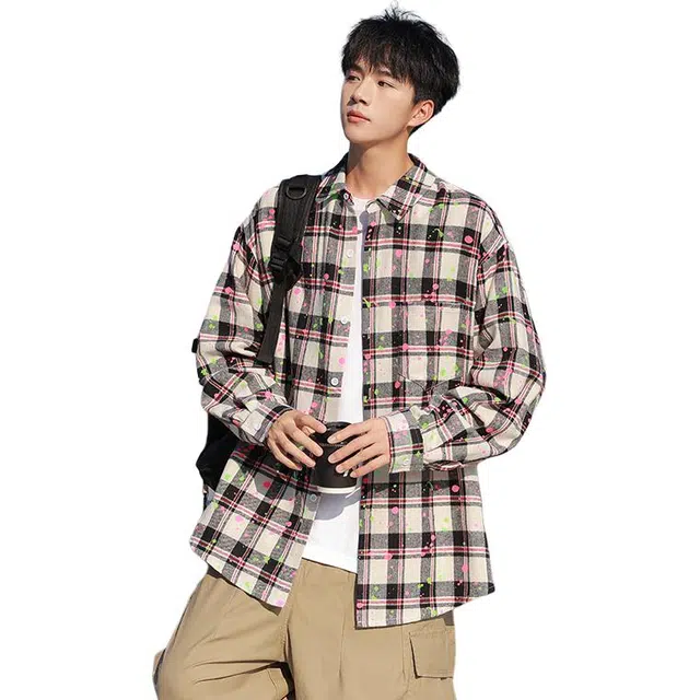 洋气先生 美式纯色简约时尚格纹斑点潮流气质百搭小众高级感文艺风日常休闲宽松舒适慵懒氛围感开衫单排扣翻领外套衬衫 男女同款