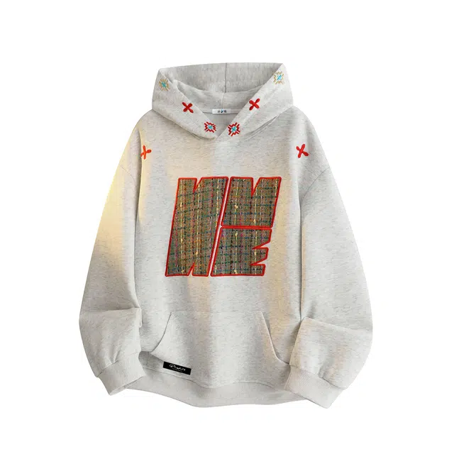 冰飞 美式复古小香风字母贴布毛巾绣万针刺绣加大码宽松民族风花型重工设计高街休闲舒适日常通勤百搭情侣长袖连帽卫衣 男女同款
