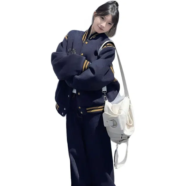 囍鱼少女 美式百搭棒球服外套女翻领秋冬休闲拼色宽松加厚上衣夹克 女款