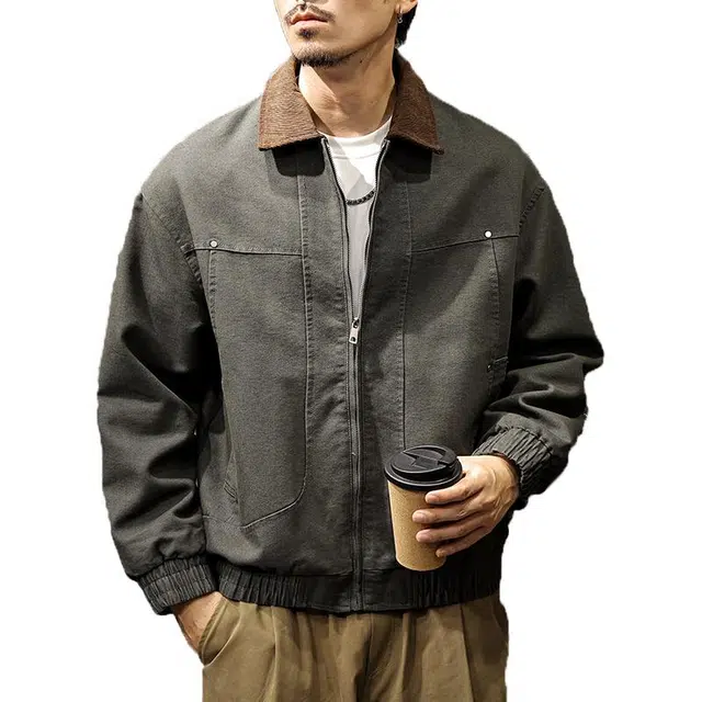 路杰邦 美式复古潮牌巴恩风夹男士春秋翻领拼色痞帅宽松工装外套男夹克 男款