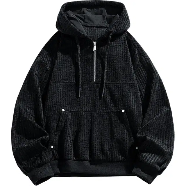 瑞梵帝斯 秋冬美式复古小香风圆领落肩小众设计学院风连帽慵懒潮流宽松半开衫休闲百搭高级感舒适亲肤时尚卫衣 男款