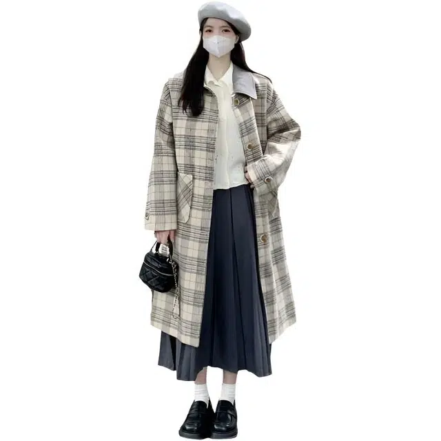 荟萃阁 赫本风时尚格子毛呢外套中长款宽松显瘦呢子开衫大衣 女款