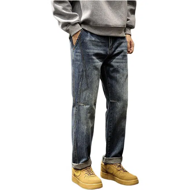 路杰邦 美式复古宽松直筒水洗不规则休闲牛仔裤 男款