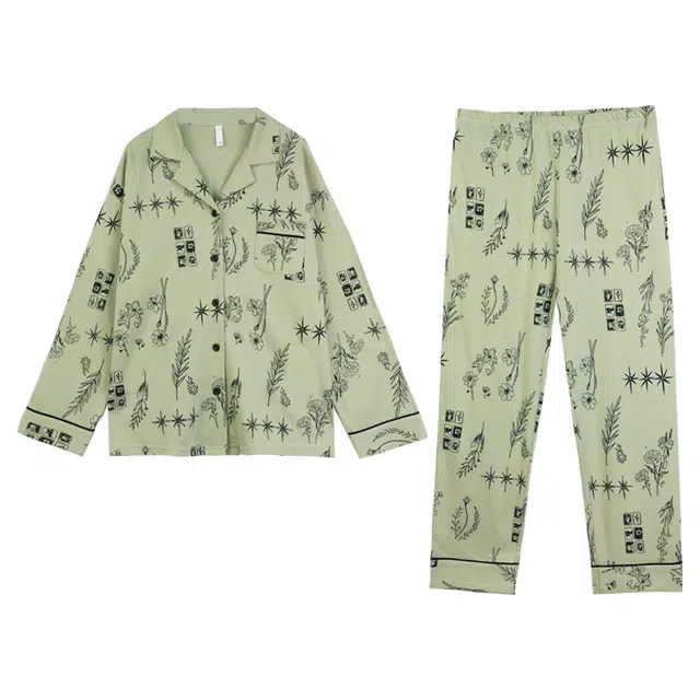 多拉美 纯棉森系慵懒外穿开衫套装春秋长袖卡通休闲家居服睡衣 女款 绿色