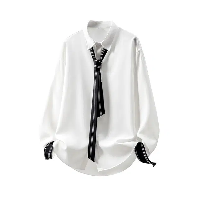 洋气先生 美式纯色简约时尚基础款潮流气质百搭小众高级感文艺风日常休闲宽松舒适慵懒氛围感开衫单排扣拼接条纹袖口翻领外套衬衫 男女同款