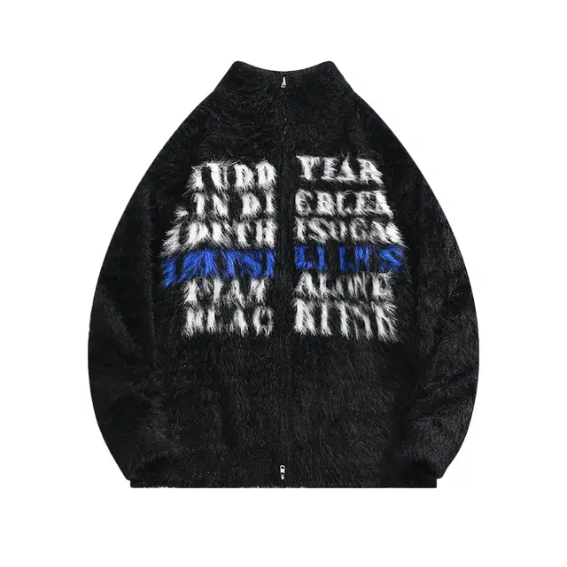 虫小绿 秋冬季时尚提花仿水貂毛立领毛线衣外套保暖拉链开衫毛衣帅气慵懒风松弛感高级弹力打底百搭宽松休闲垂感针织衫 男女同款