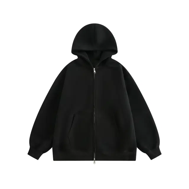 零氏 纯色宽松落肩连帽拉链休闲卫衣 男女同款