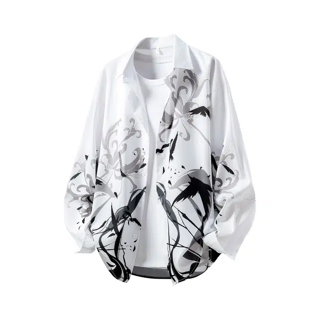 洋气先生 新中式国风水墨画彼岸花简约时尚潮流气质百搭小众高级感日常休闲宽松舒适慵懒氛围感开衫单排扣翻领外套衬衫 男女同款