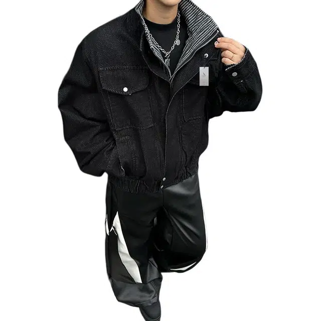 袋鼠 秋冬美式复古慵懒松弛氛围情侣百搭舒适休闲长袖设计感假两件高级牛仔外套夹克 男女同款