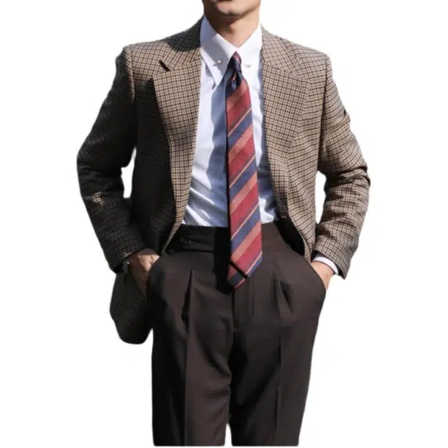 大格子与黑猫 意式复古小格子雅痞绅士修身西服猎装口袋条纹真好看时尚休闲西装 男款