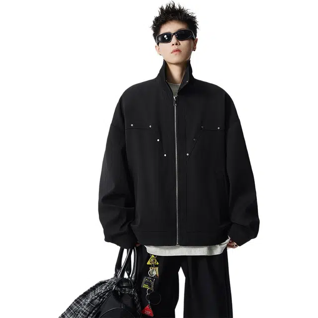 佐菲利 美式铆钉工装外套秋季宽松高级感痞帅百搭翻领上衣夹克 男女同款