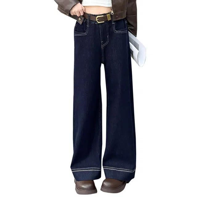 帕兰朵牛仔裤 女童高街个性潮流韩版直筒脚口绣花延边长裤女春秋款高腰显瘦显高阔腿拖地裤潮 青少年