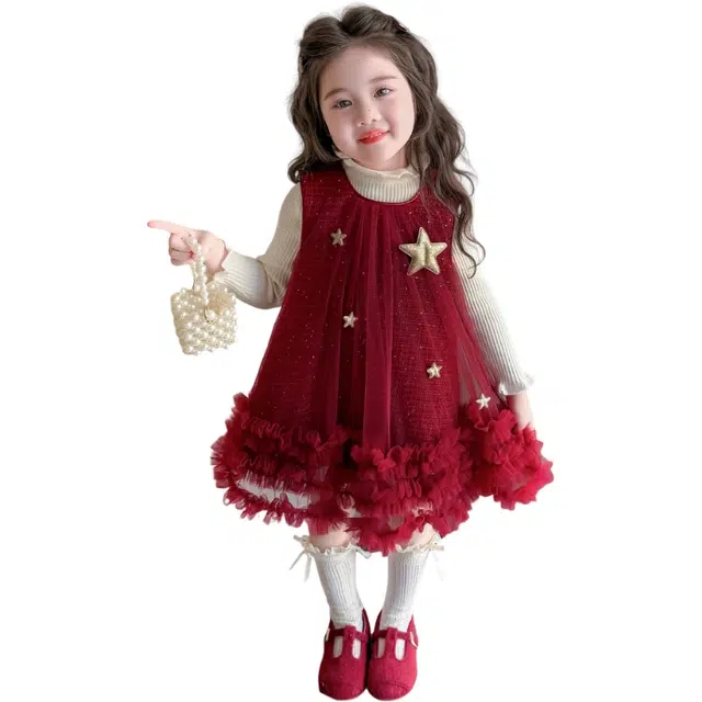 木清清休闲运动套装 星网纱背心甜美卡通女童花边舒适亲肤长袖秋季两件套 中小童