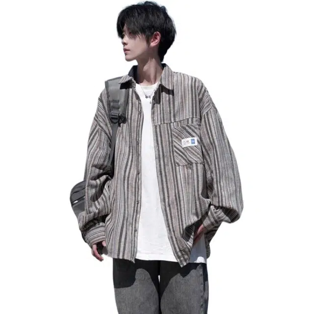 洋气先生 美式复古简约高级感时尚潮流气质百搭撞色条纹文艺风日常休闲宽松舒适慵懒氛围感开衫单排扣翻领长袖外套衬衫 男女同款