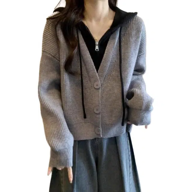 纤丝鸟 舒适显瘦百搭时尚拼接设计宽松慵懒风上衣针织衫 女款