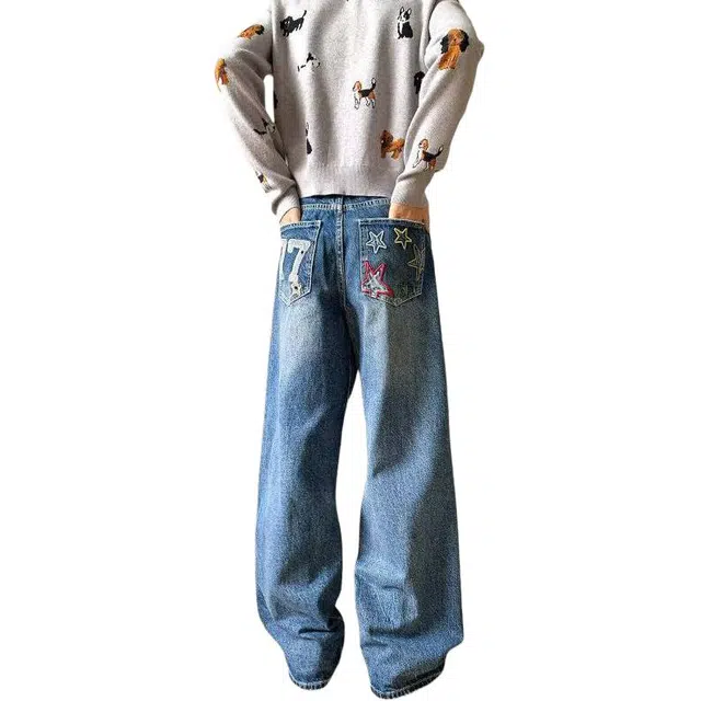洞洞拐 美式复古设计星星字母刺绣高级感百搭宽松直筒牛仔裤 男女同款