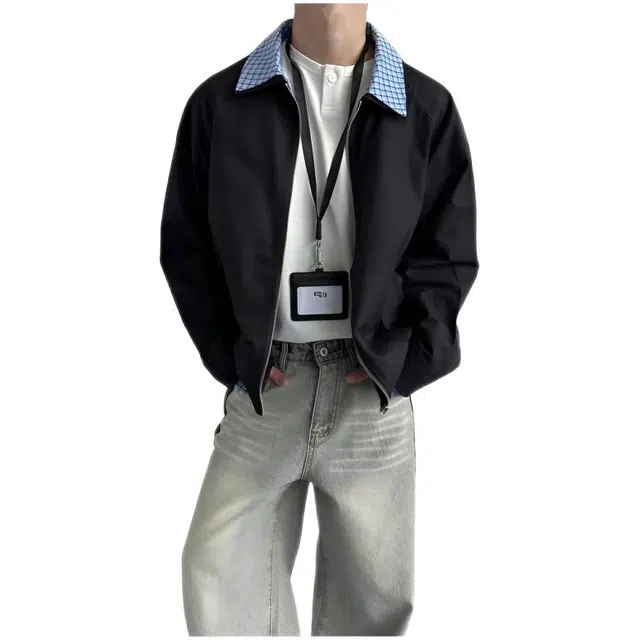 木木兔 美式假两件格纹翻领款情侣外套潮流时尚夹克 男款