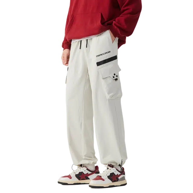 中国航天 美式复古高街显高设计宽松直筒阔腿垂感弹力显瘦织带抽绳机能风防水伐木伞兵工装裤休闲裤 男女同款